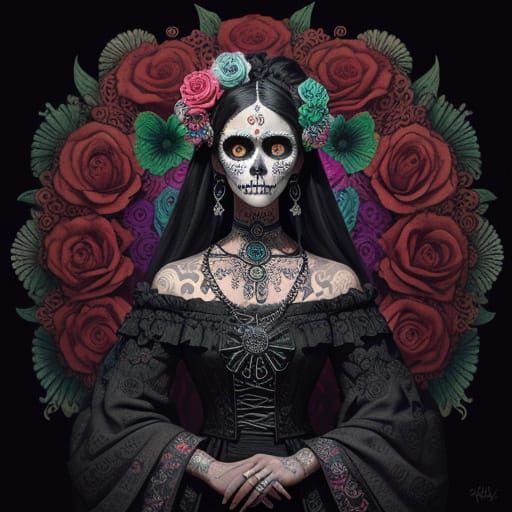 Vibrant Sugar Skull in Dark Folk Art Style