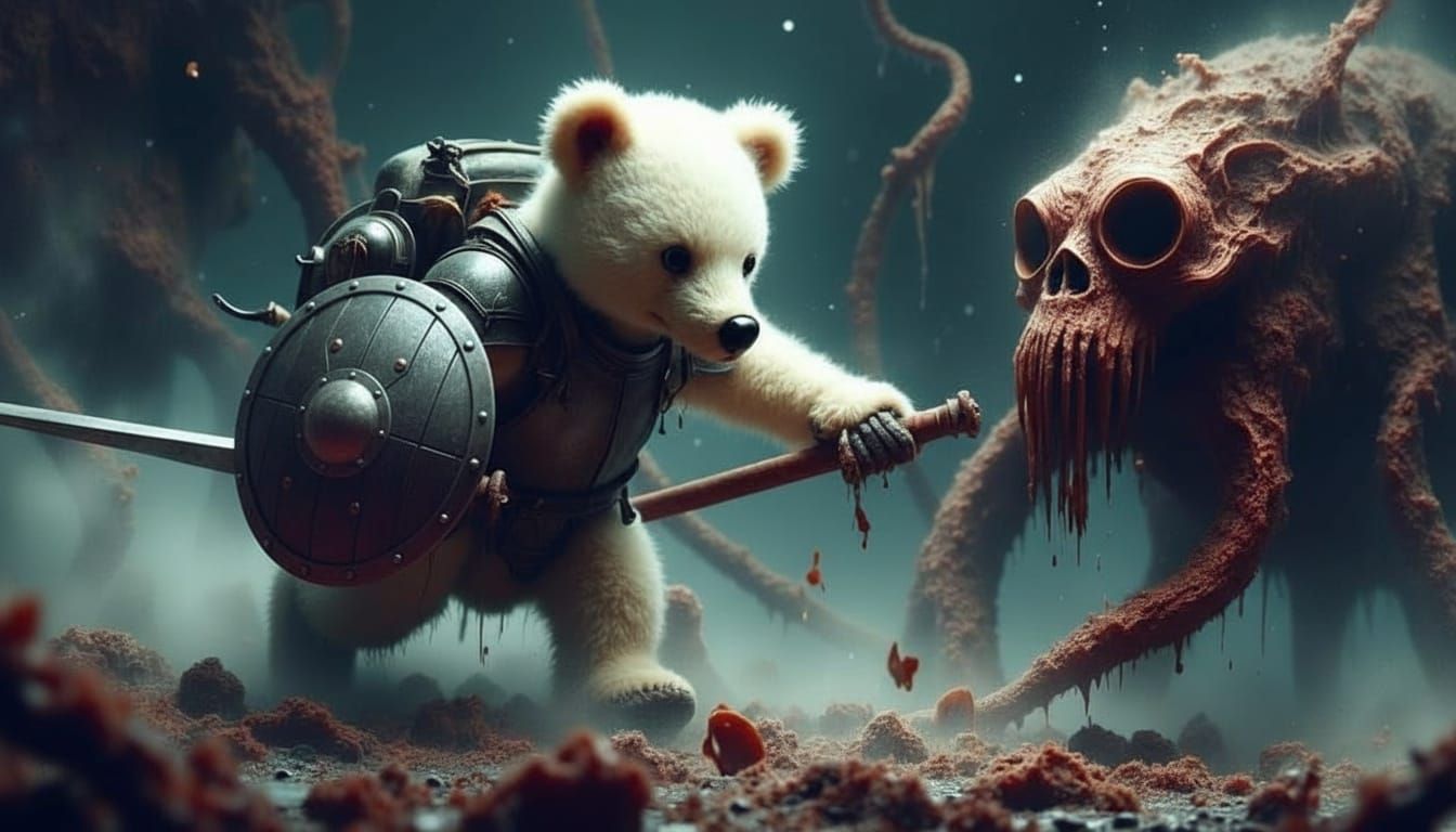 <lora:Morbid:1.0> Fluffy white teddy bear in tiny backpack, ...