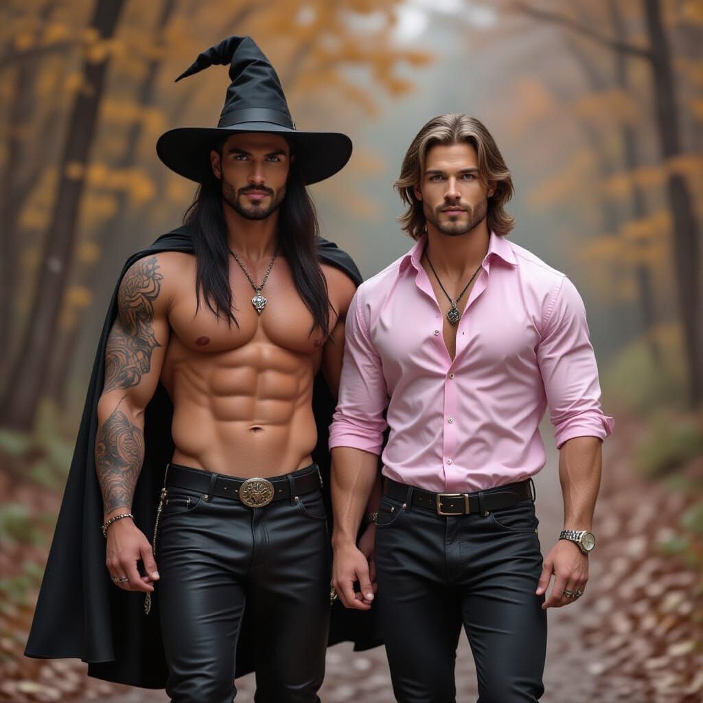 Muscular Male Witch in Autumn Forest