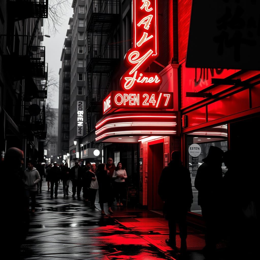 Gritty Urban Nightscape with Neon Diner Sign