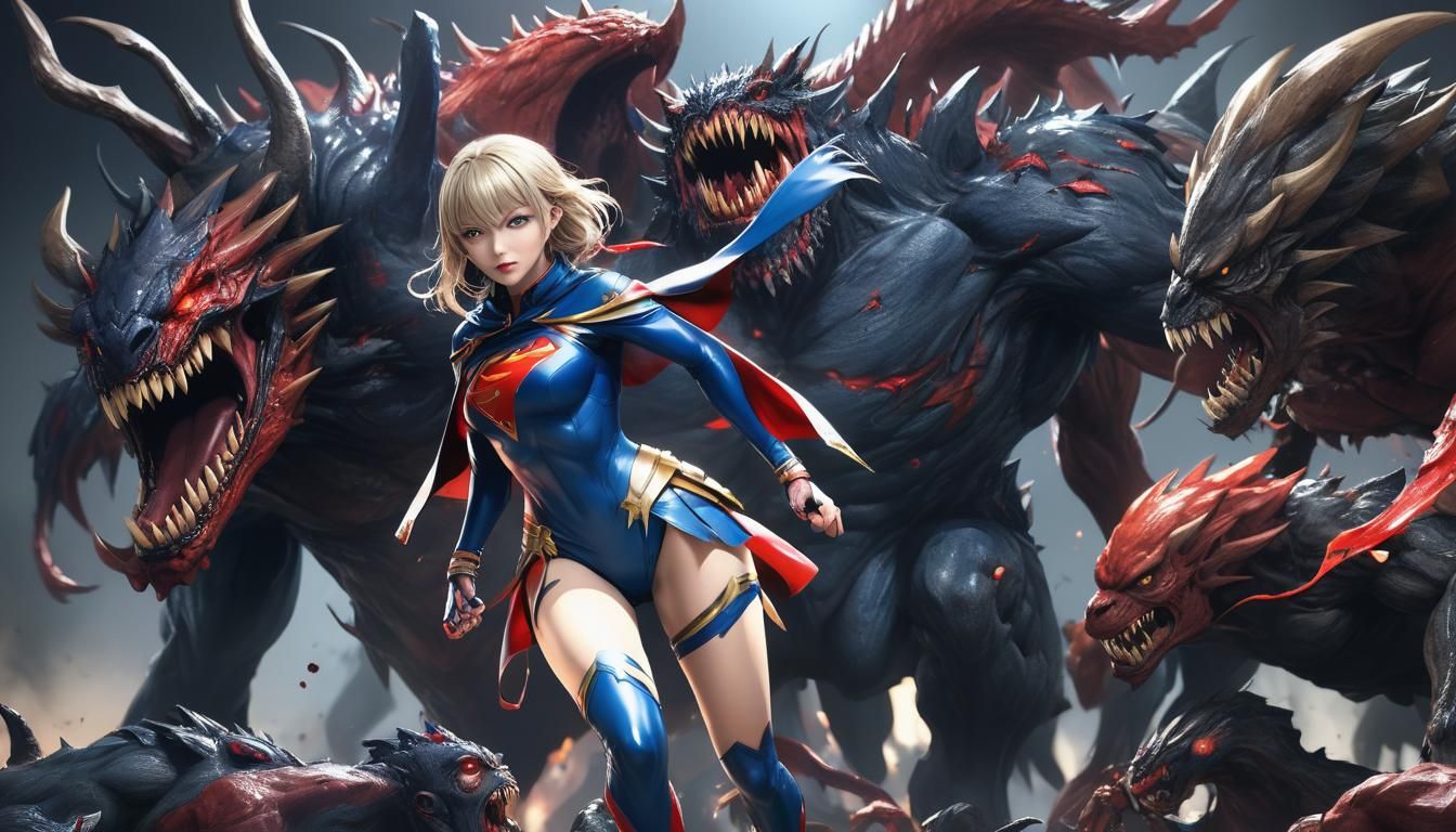 Super Girl Overwhelmed by Monsters in 3D Anime Art