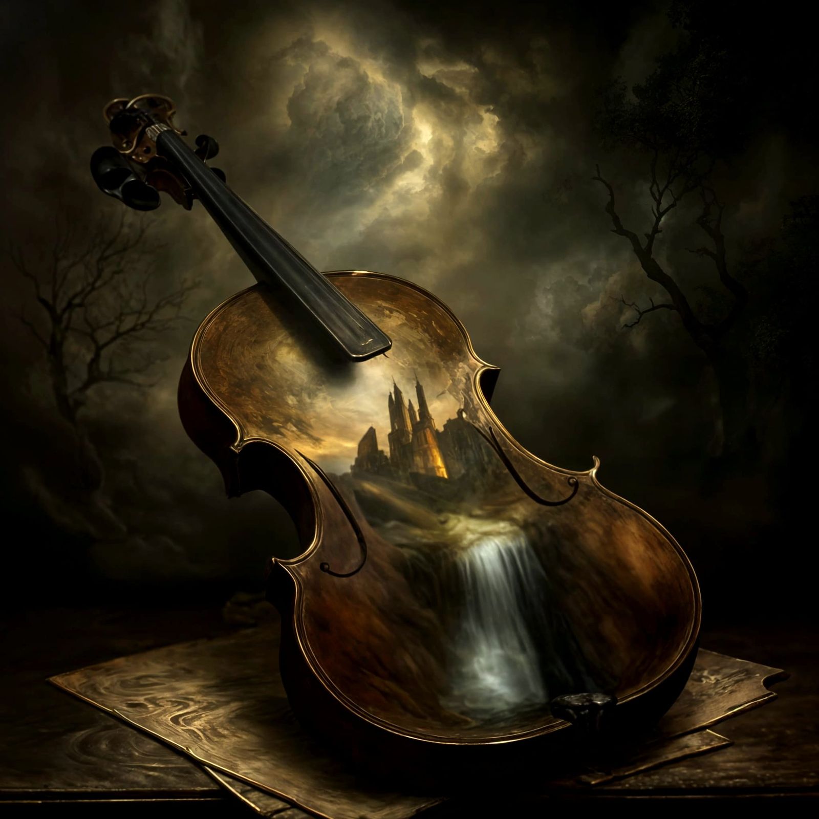 Surreal Violin with Cityscape and Waterfall