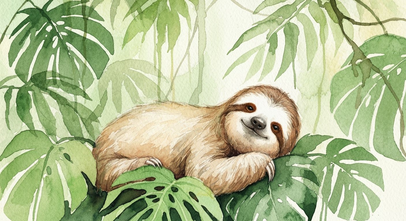 Serene Sloth in Vibrant Rainforest Watercolor