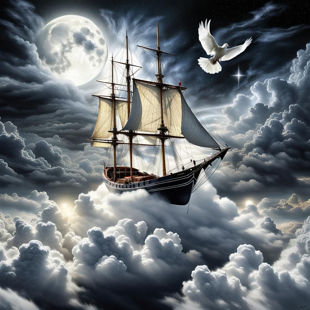 Sailing Dinghy on Cloud with Dove, Ethereal Art