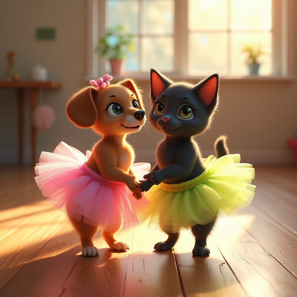Whimsical Friends in Ballet Tutus Dance Together in a Vibran...