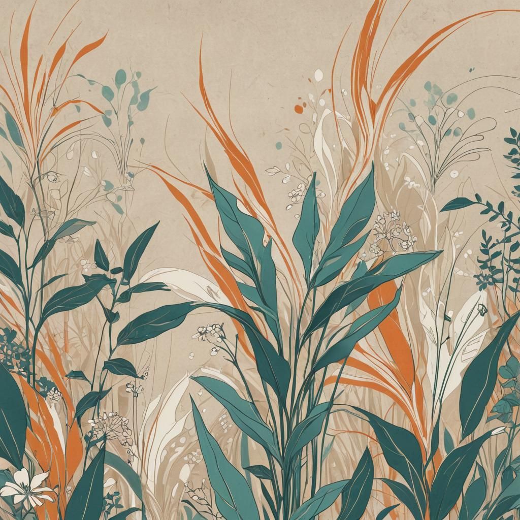 Bohemian Abstract Digital Art with Plants and Sun