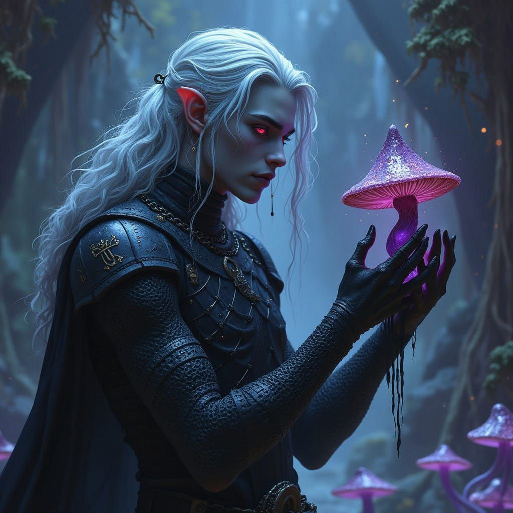 Dark Gray Male Drow in Chainmail Armor Captivated by Fungi i...