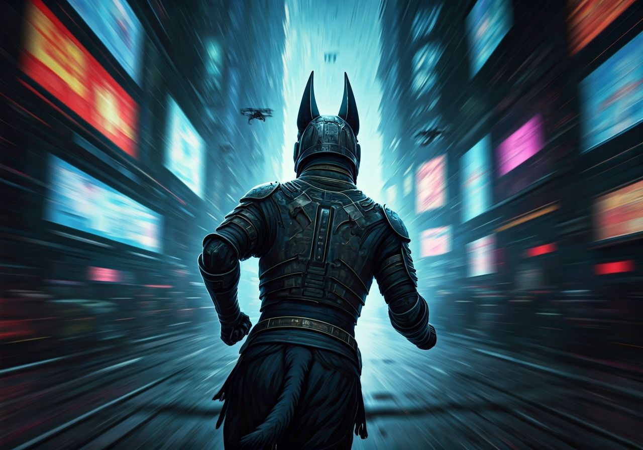 Anubis Races Through Cyberpunk Cityscape Illustration