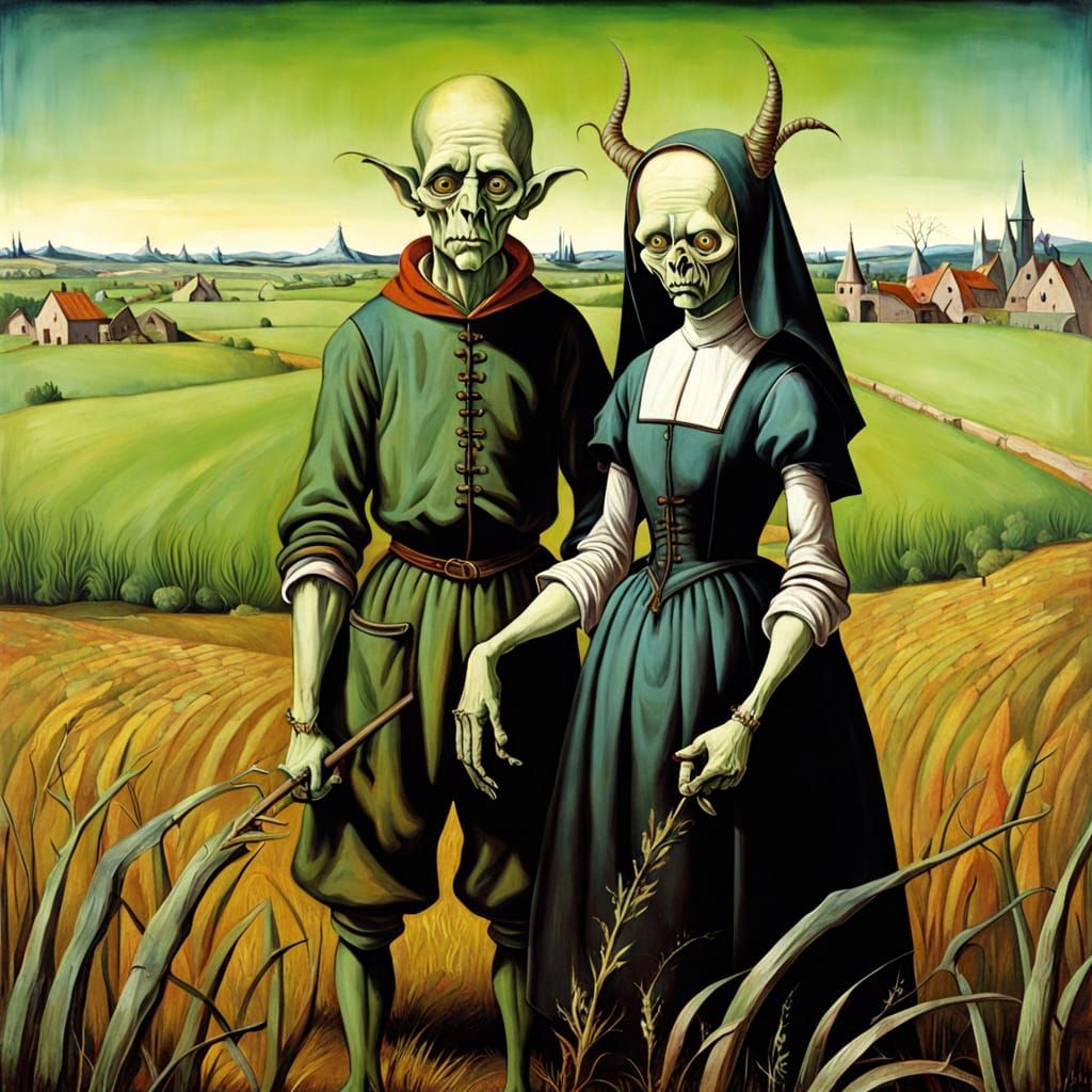Surreal Farmer Couple with Grotesque Features in Oil Paintin...
