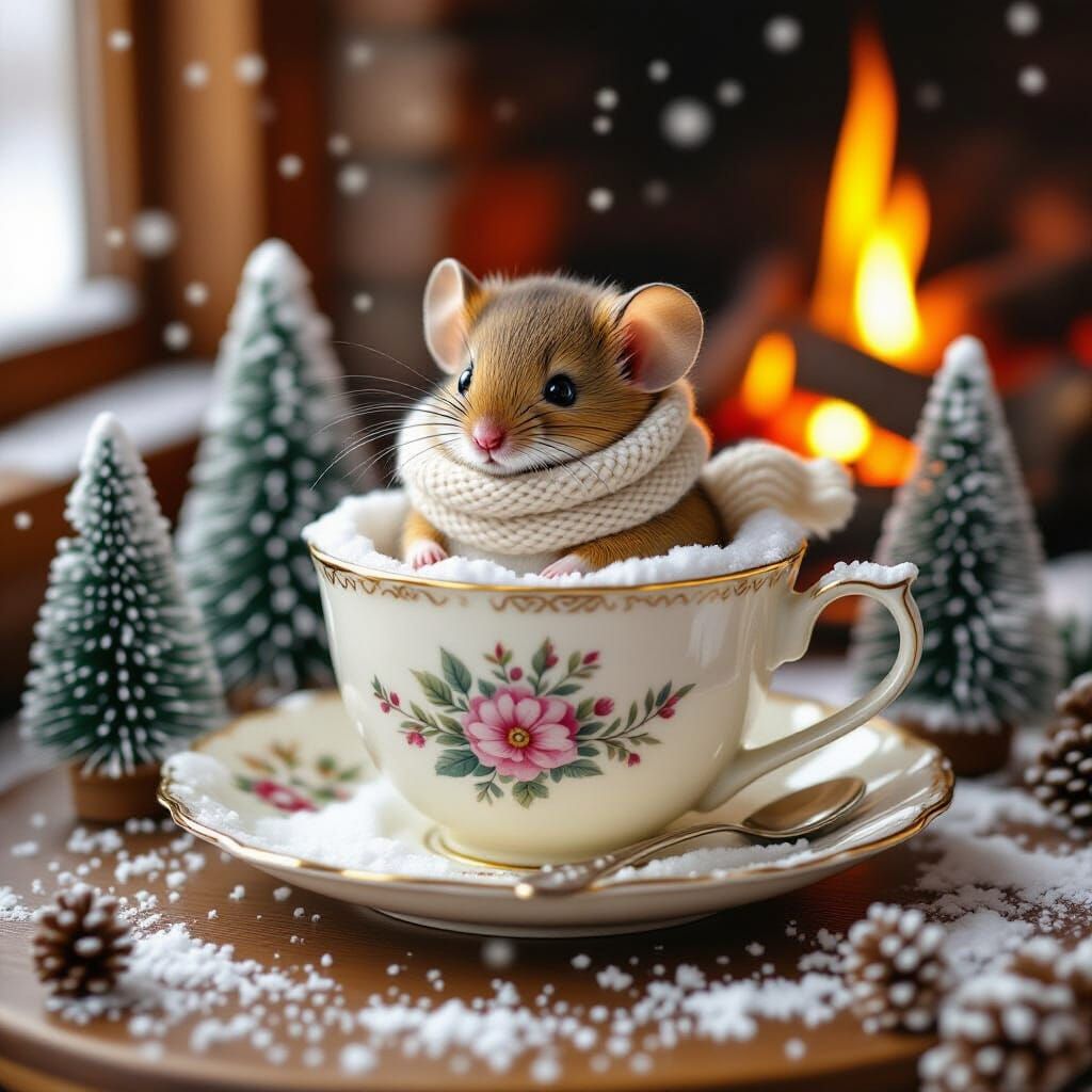 Whimsical Mouse in Snow-Covered Teacup Storybook Illustratio...