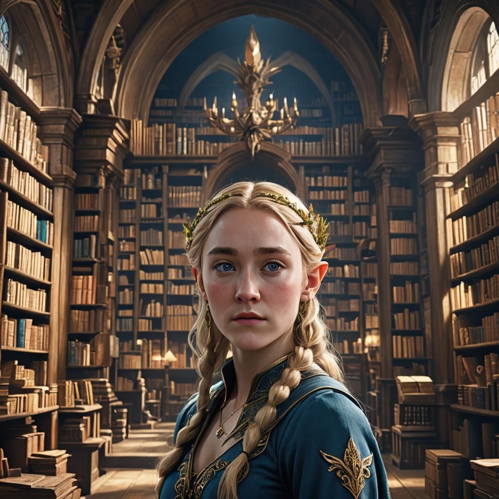 Fantasy Elf Portrait in a Library, Dark Fantasy Art