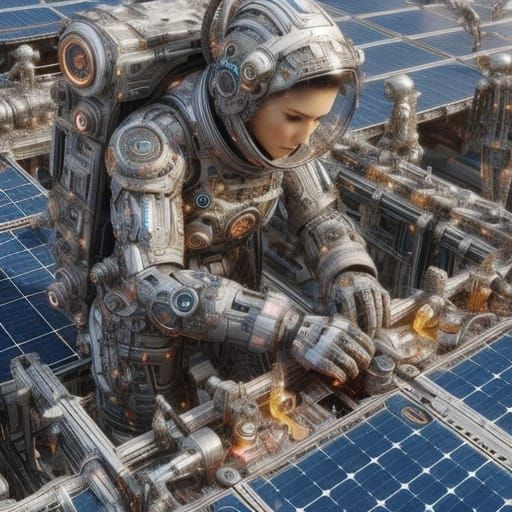 Futuristic Female Astronaut in Hybrid Space Suit Performs Ma...