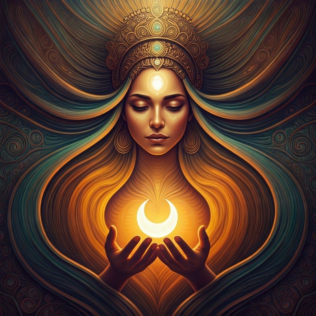 Regal Woman with Crescent Moon in Holographic Illustration