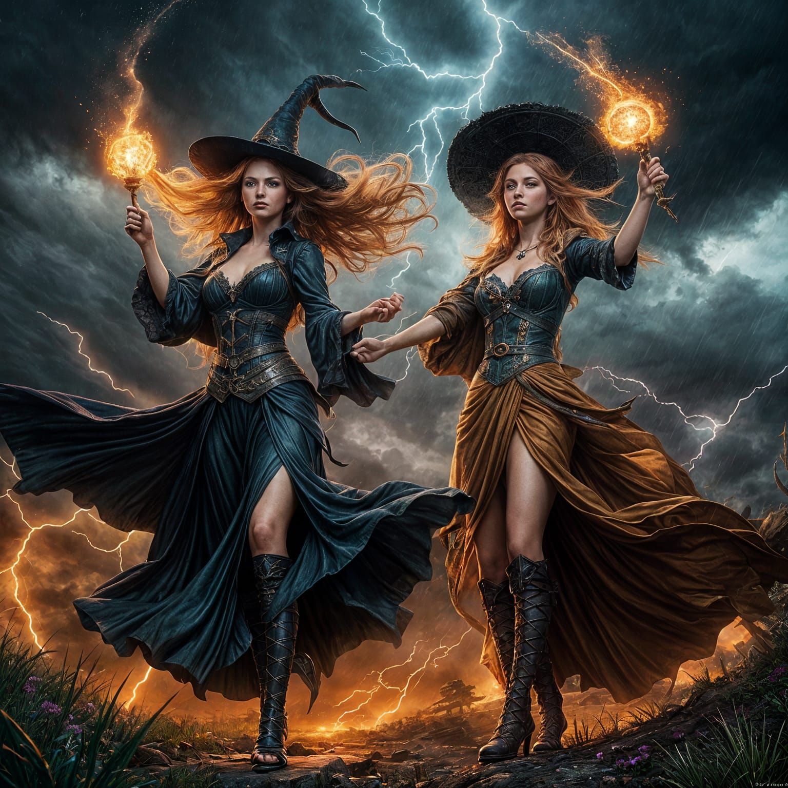 Witches Clash With Fairies Under Stormy Sky