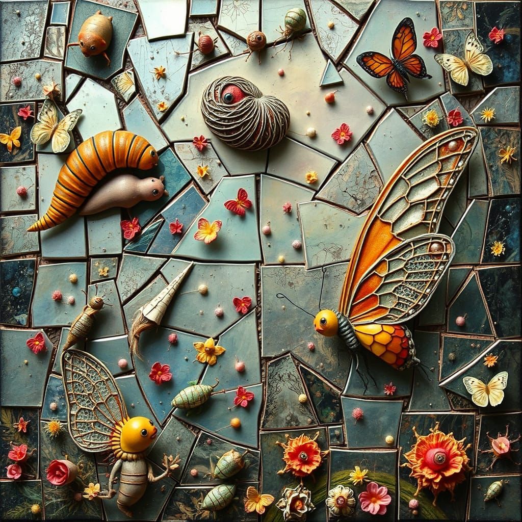 Surrealist Bio Art Collage of Metamorphosis in Whimsical Sty...