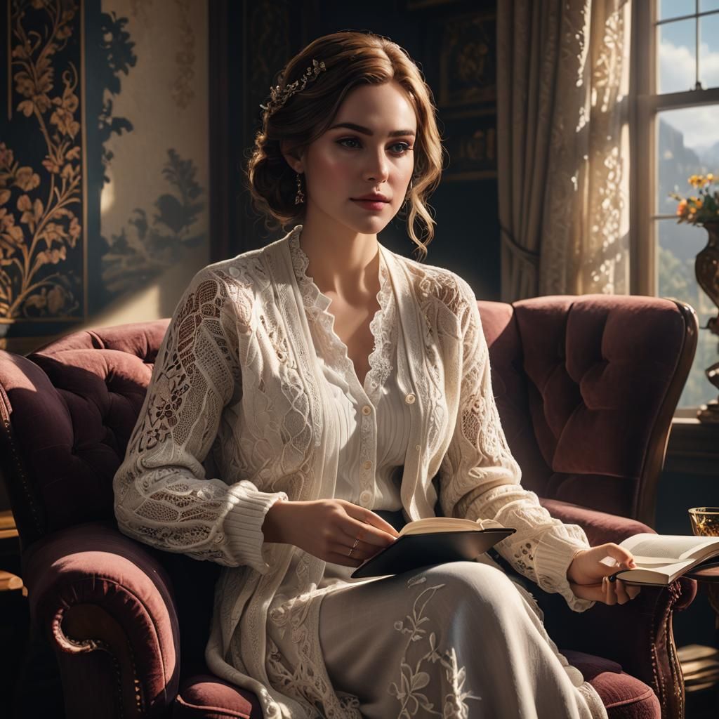 Woman Reading Novel: Hyperrealistic Digital Portrait