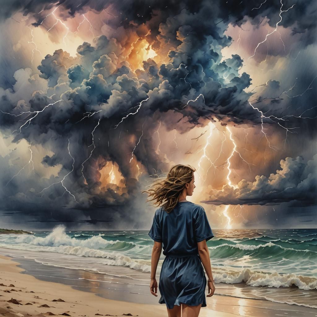 Watercolor Lightning Storm over Ocean