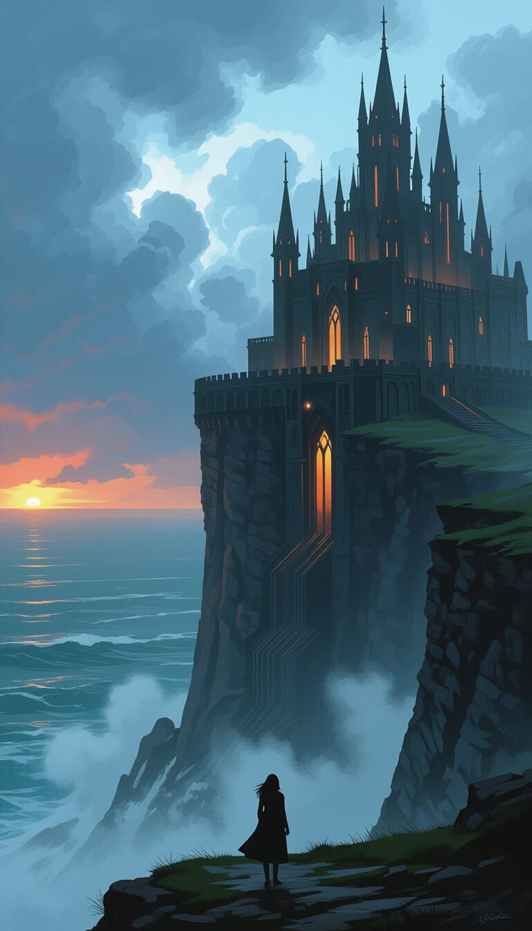 Gothic Fortress on Stormy Cliff Overlook