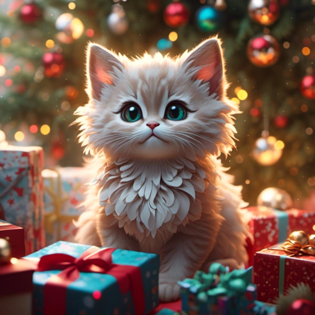 Cute Christmas Kitten in Animated 3D Style