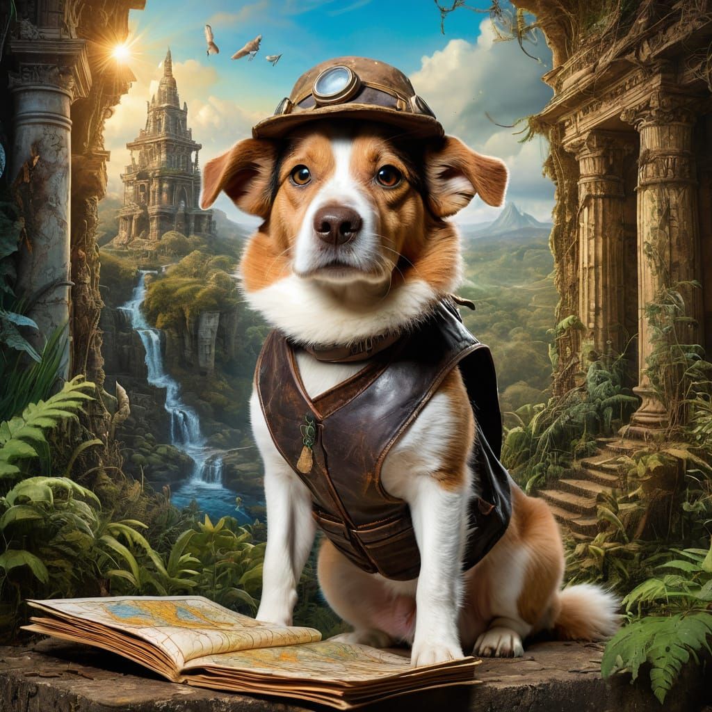 Dog Explorer in Overgrown Ruins: Hyperrealistic Splash Art