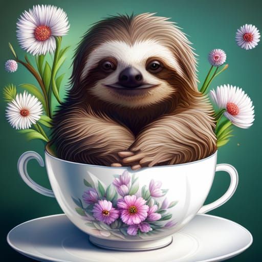 Cute Sloth in Teacup with Fractal Flowers