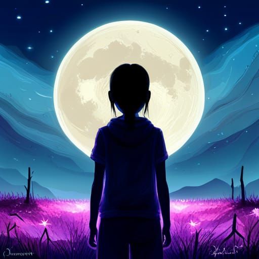 Girl Faces Moon in Bioluminescent Valley