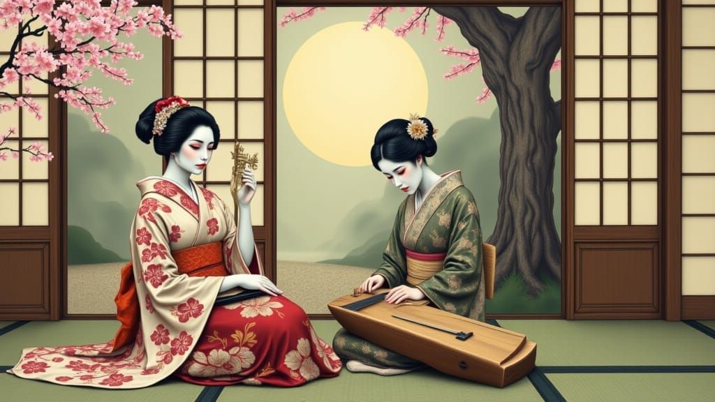 Elegant Geisha in Traditional Japanese Tea House