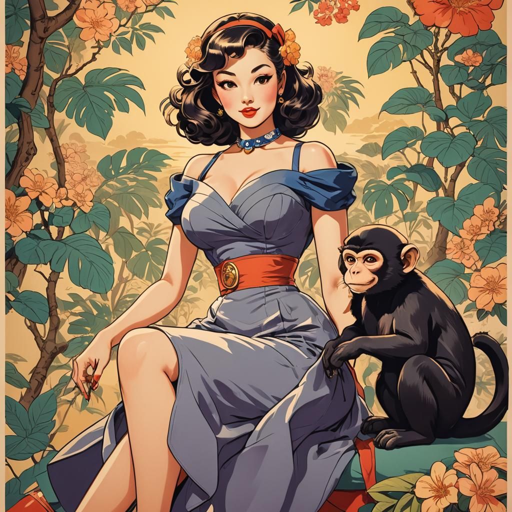 Retro Anime Pinup Model with Monkey