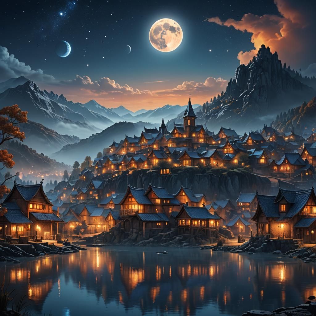 Fantasy Village Under a Giant Blue Moon
