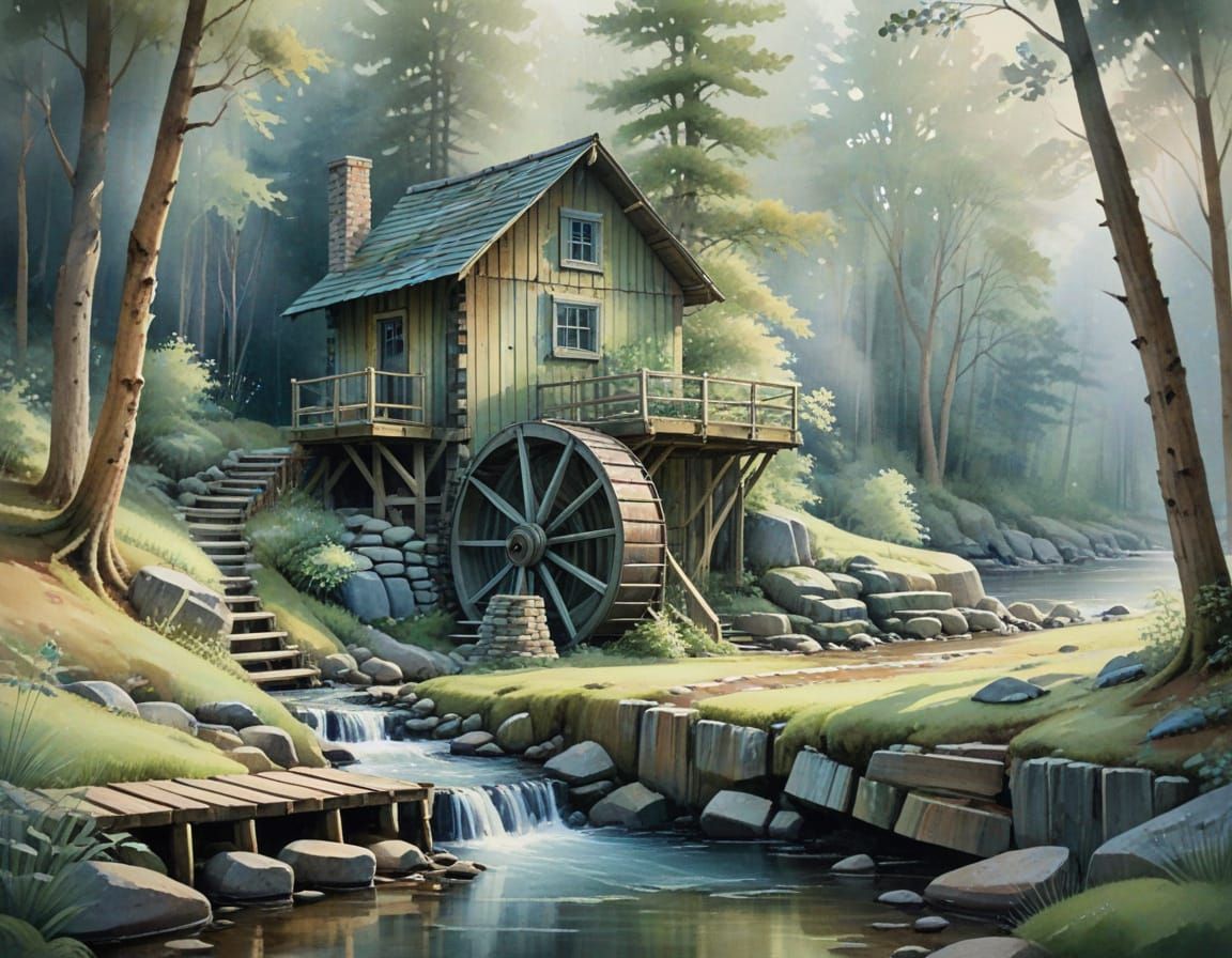 Watercolor Landscape of a Rustic Waterwheel in a Serene Wood...