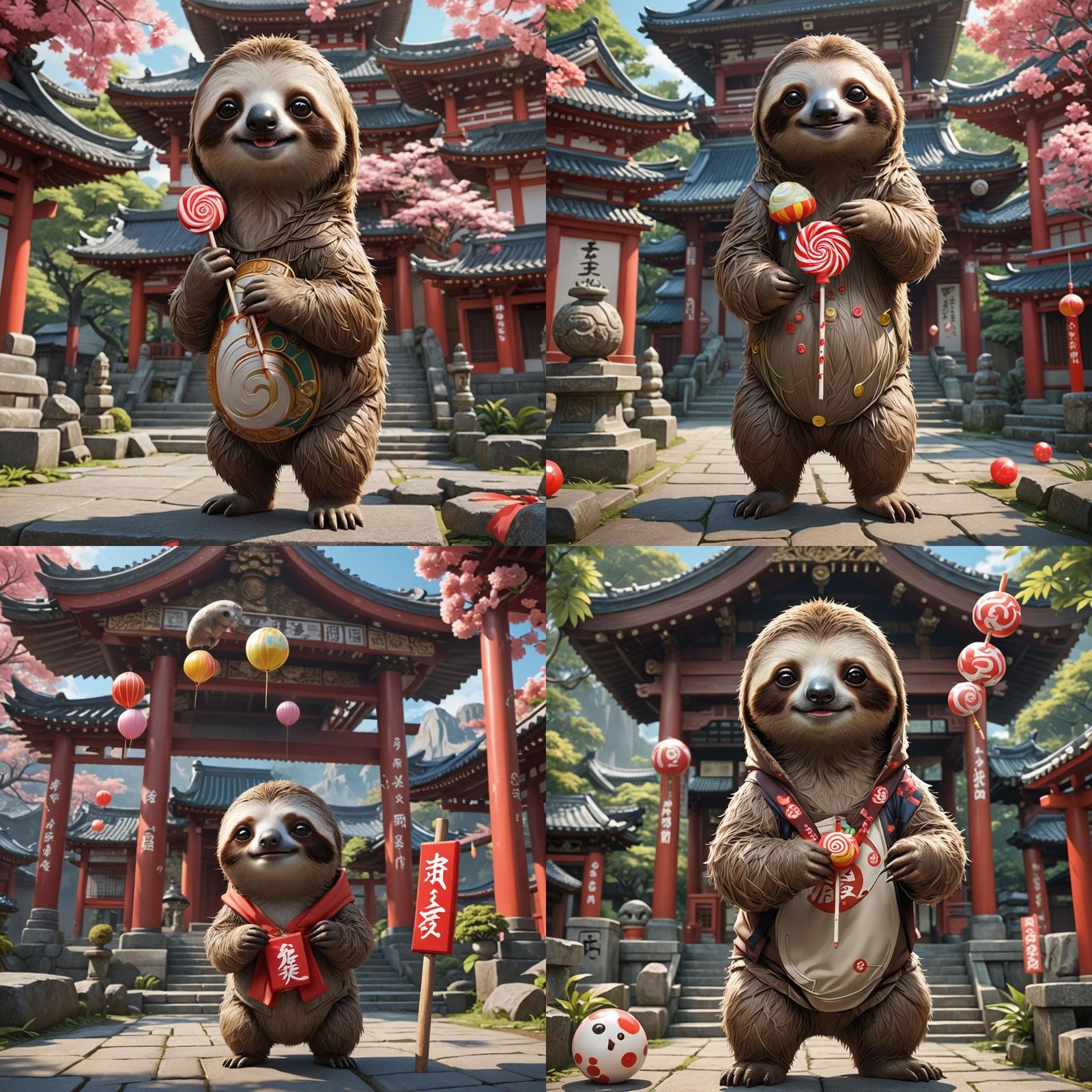 Cute Sloth with Lollipop at Japanese Temple