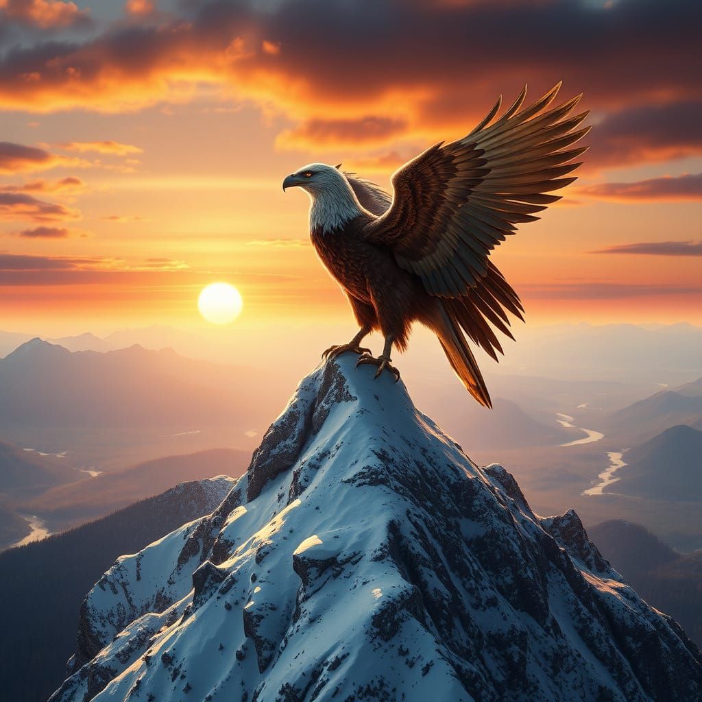 Griffin on Snow Mountain Peak in Photorealistic Style