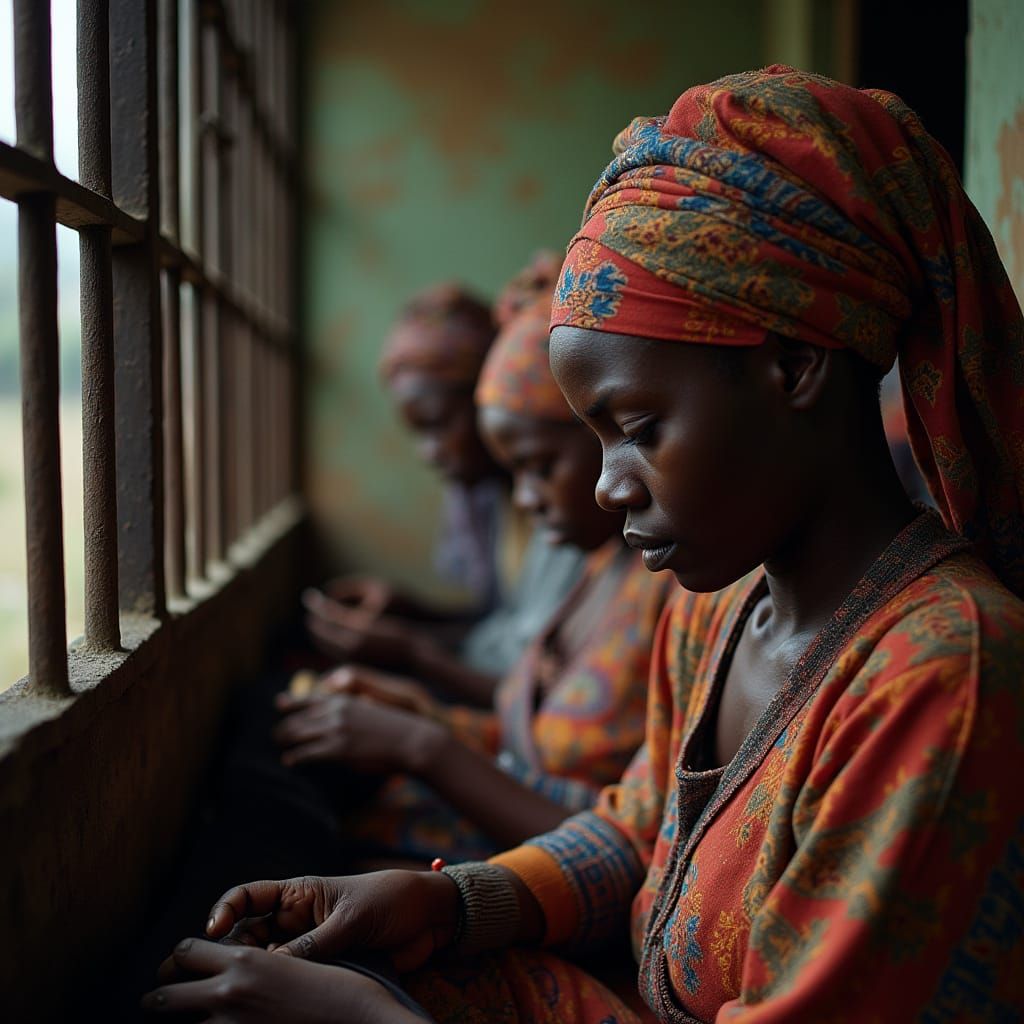 African Prison Bars Confront Vibrant Women in Traditional Ke...