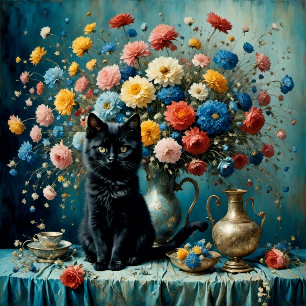 Adorable Black Kitten with Muted Flowers