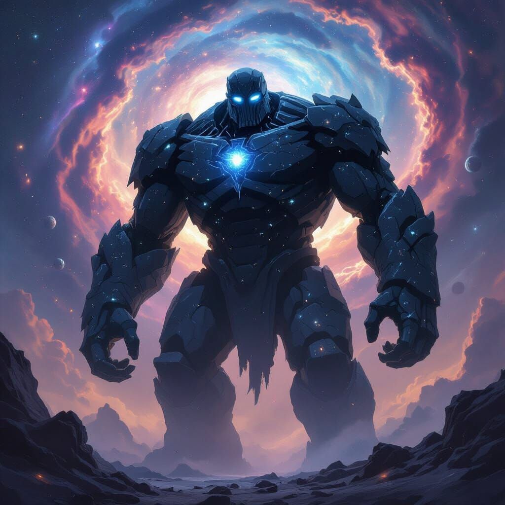 Cosmic Golem Guards Nebula in Epic Fantasy Matte Painting