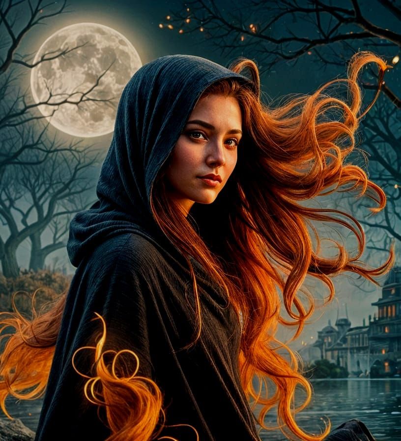 Surreal Fire Woman by Moonlit River