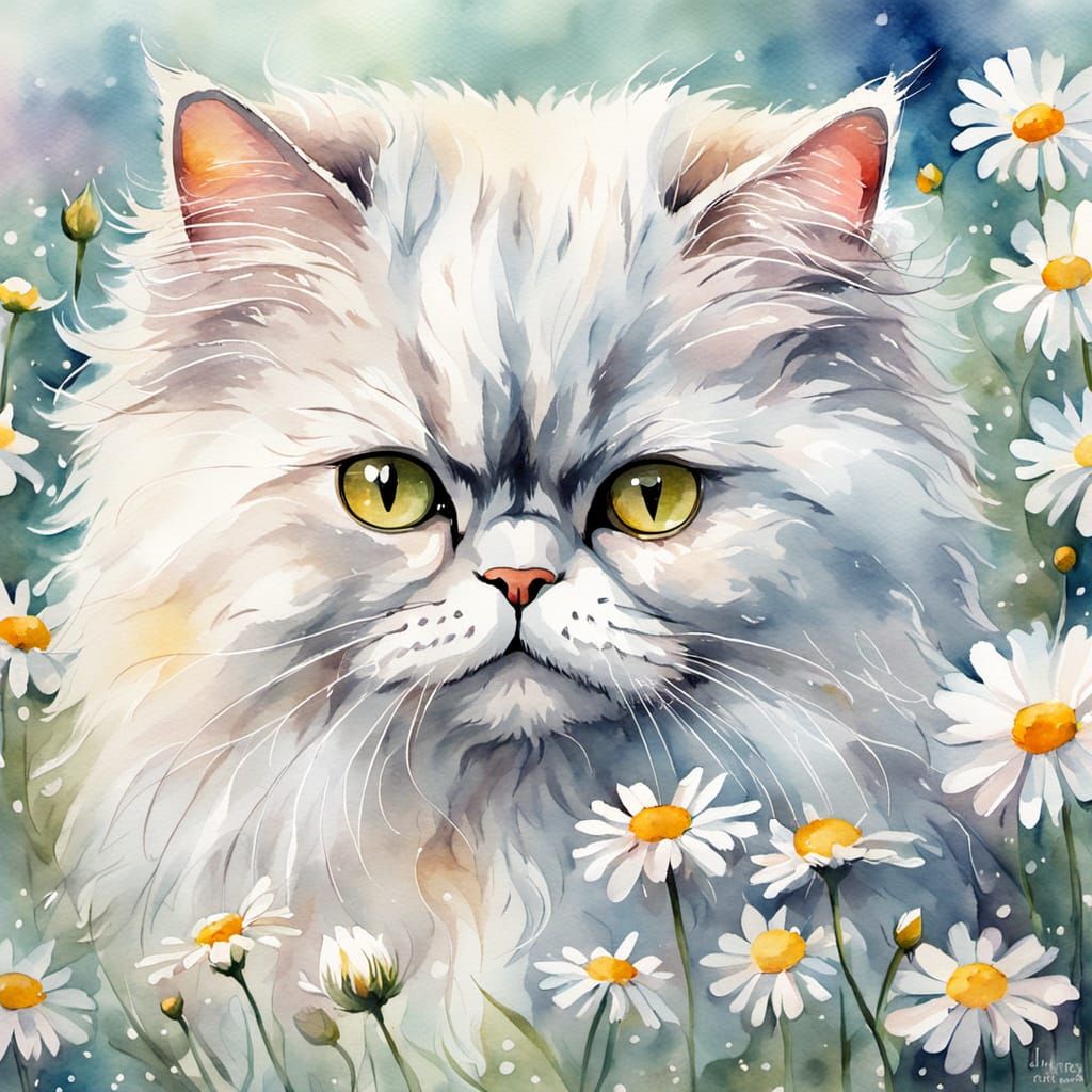Persian Cat Surrounded by Daisies in Watercolor