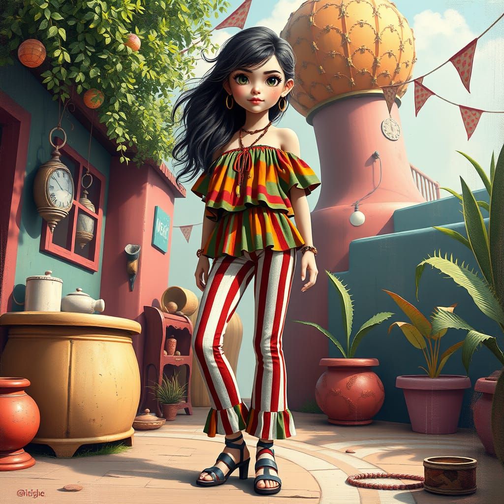 Vibrant Bohemian Goddess in Whimsical Striped Attire