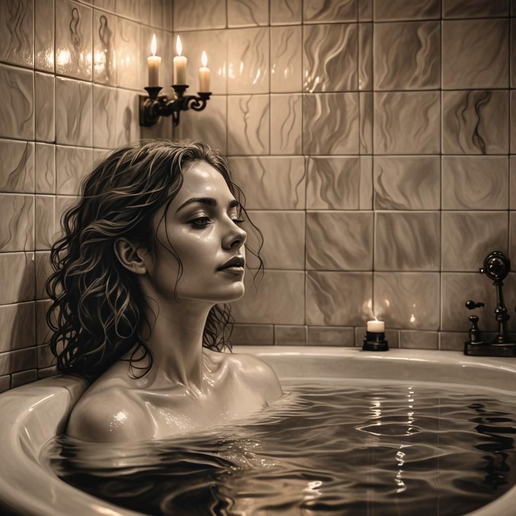 Woman in Candlelit Bath: Hyper-Realistic Charcoal Art