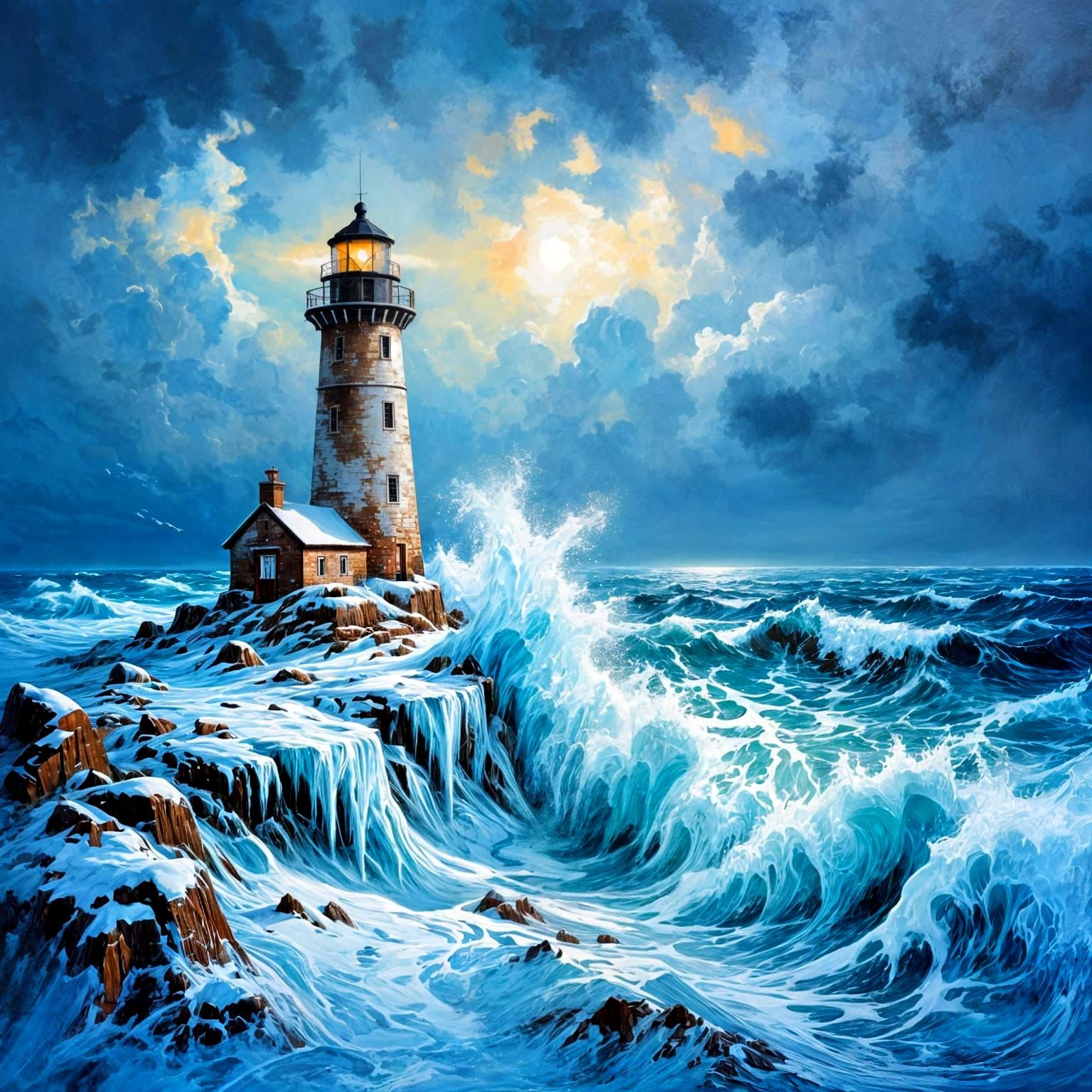Winter Lighthouse on Stormy Island, Oil Painting
