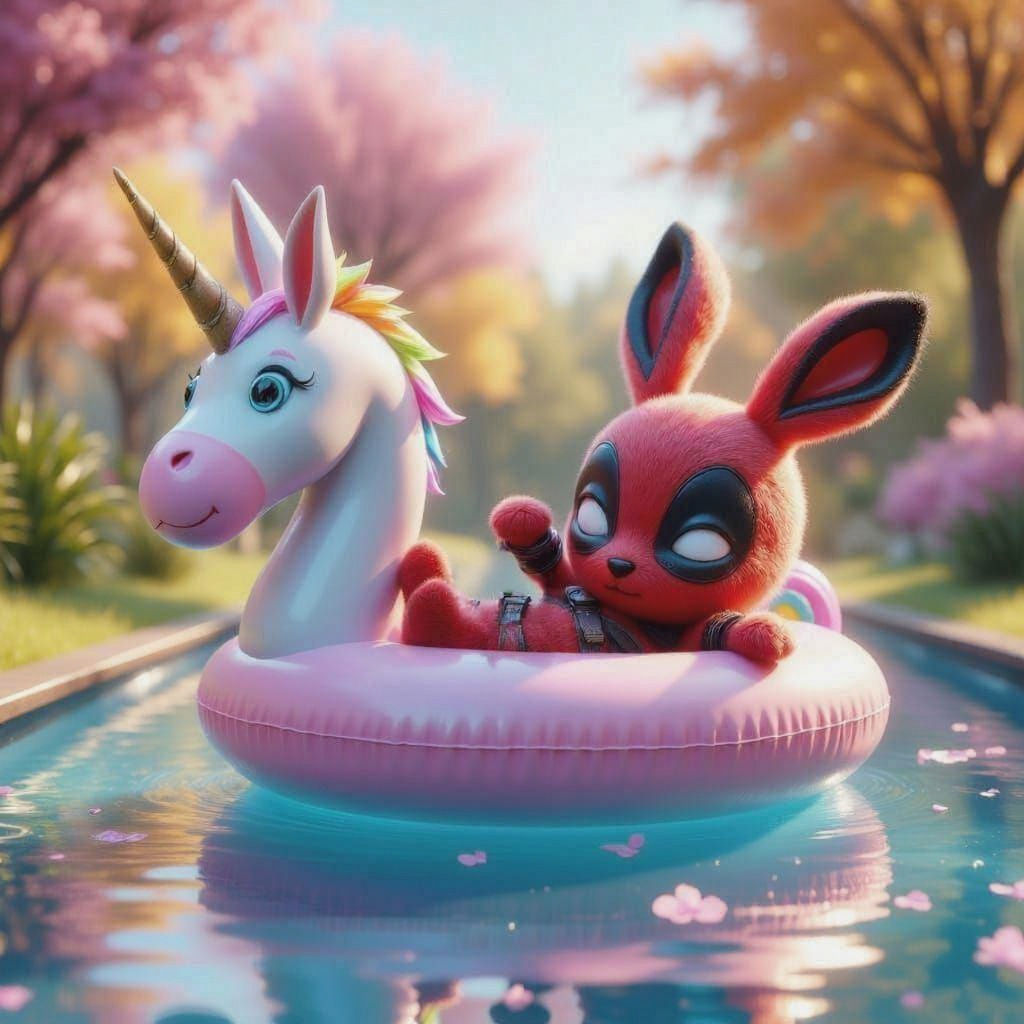 Deadpool Bunny Relaxing on Unicorn Float: Pixar Style