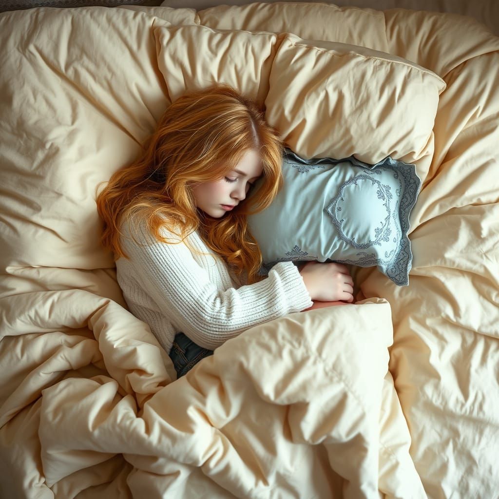 Girl Sleeping in Cozy Bed, Digital Art