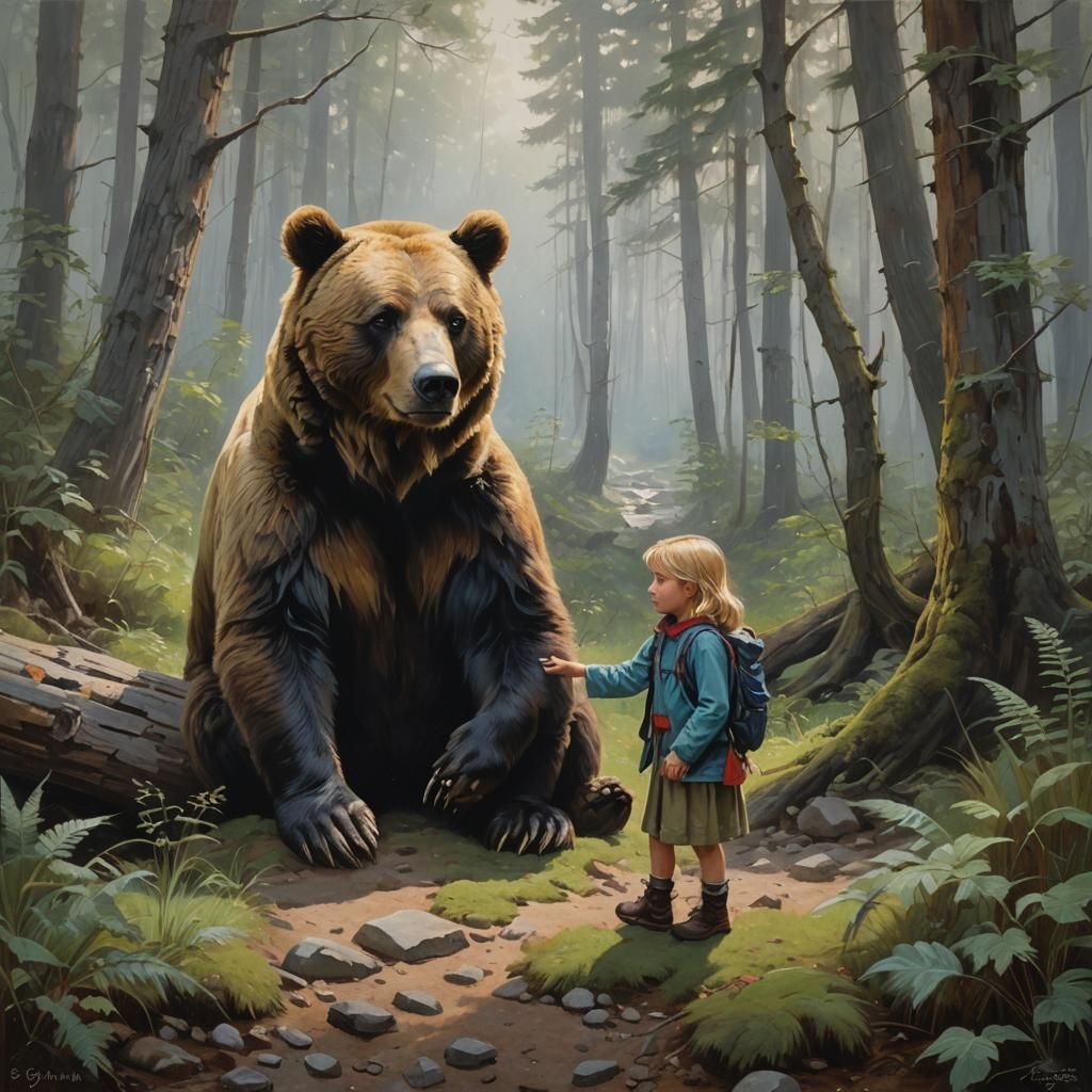 Girl and Bear: A Heartwarming Oil Painting