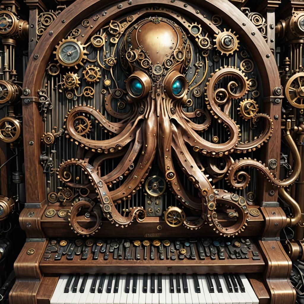 Steampunk Octopus Plays Organ Keyboard
