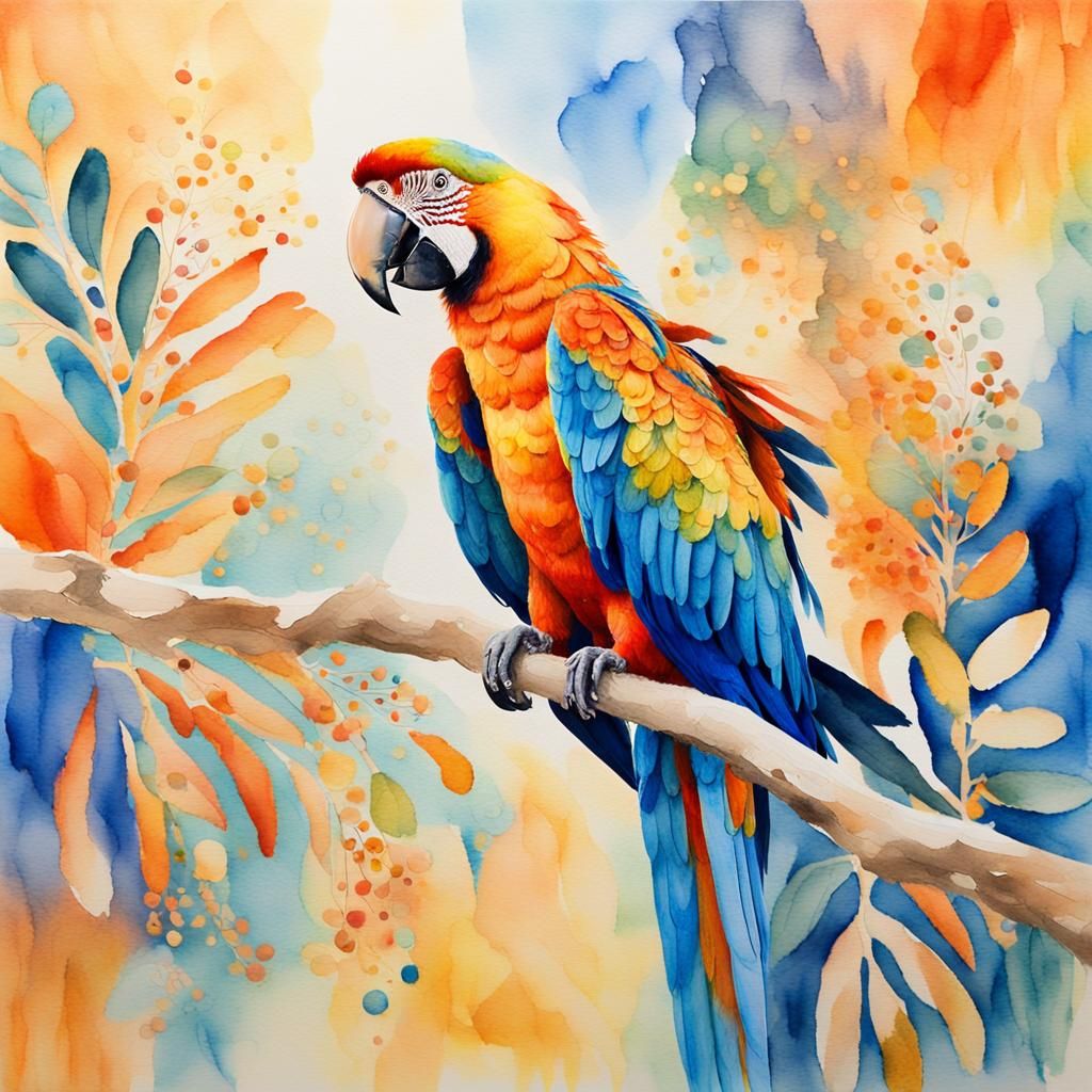 Macaw on Branch in Expressive Watercolour Style