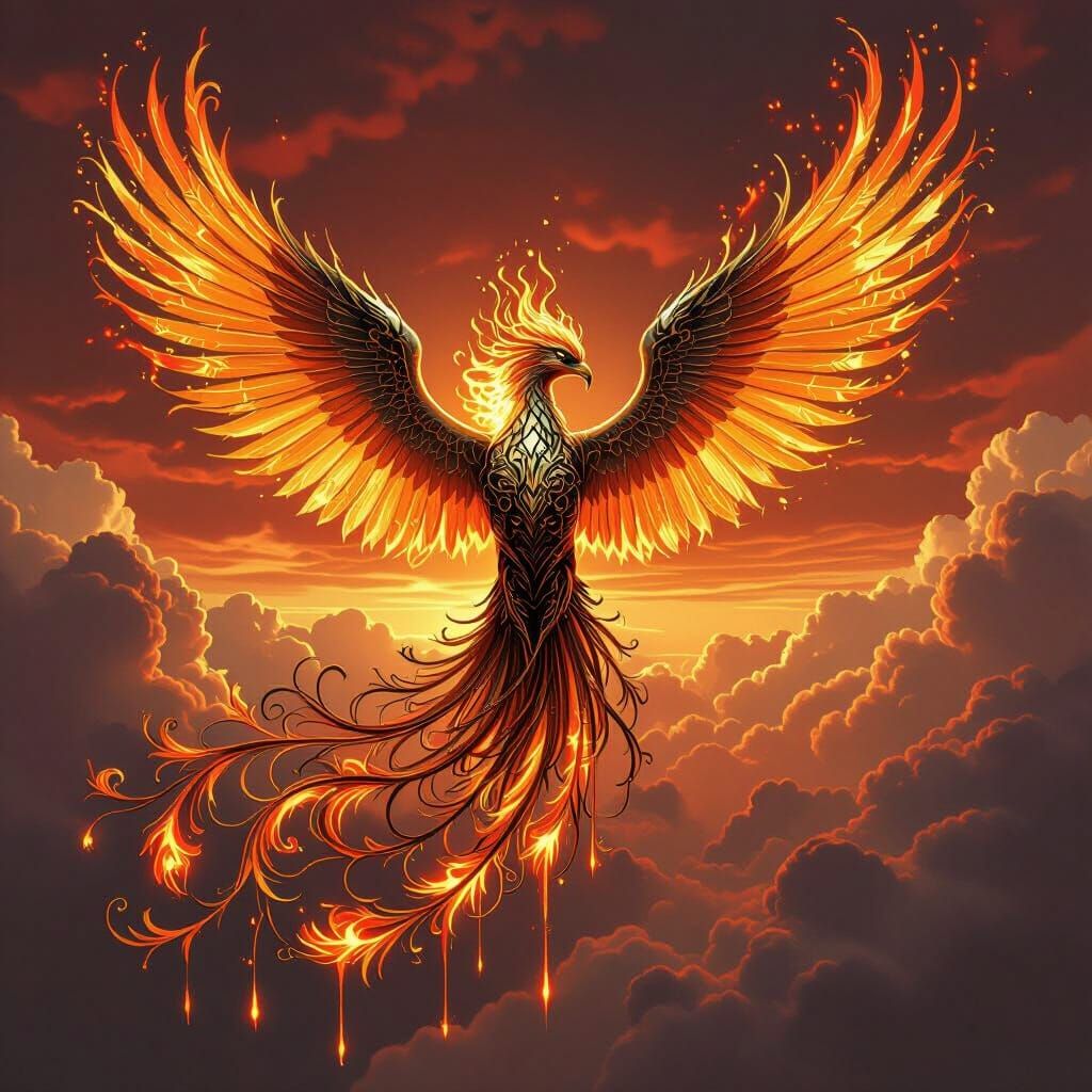 Metal Phoenix Soaring Through Crimson Sky in Art Nouveau Sty...