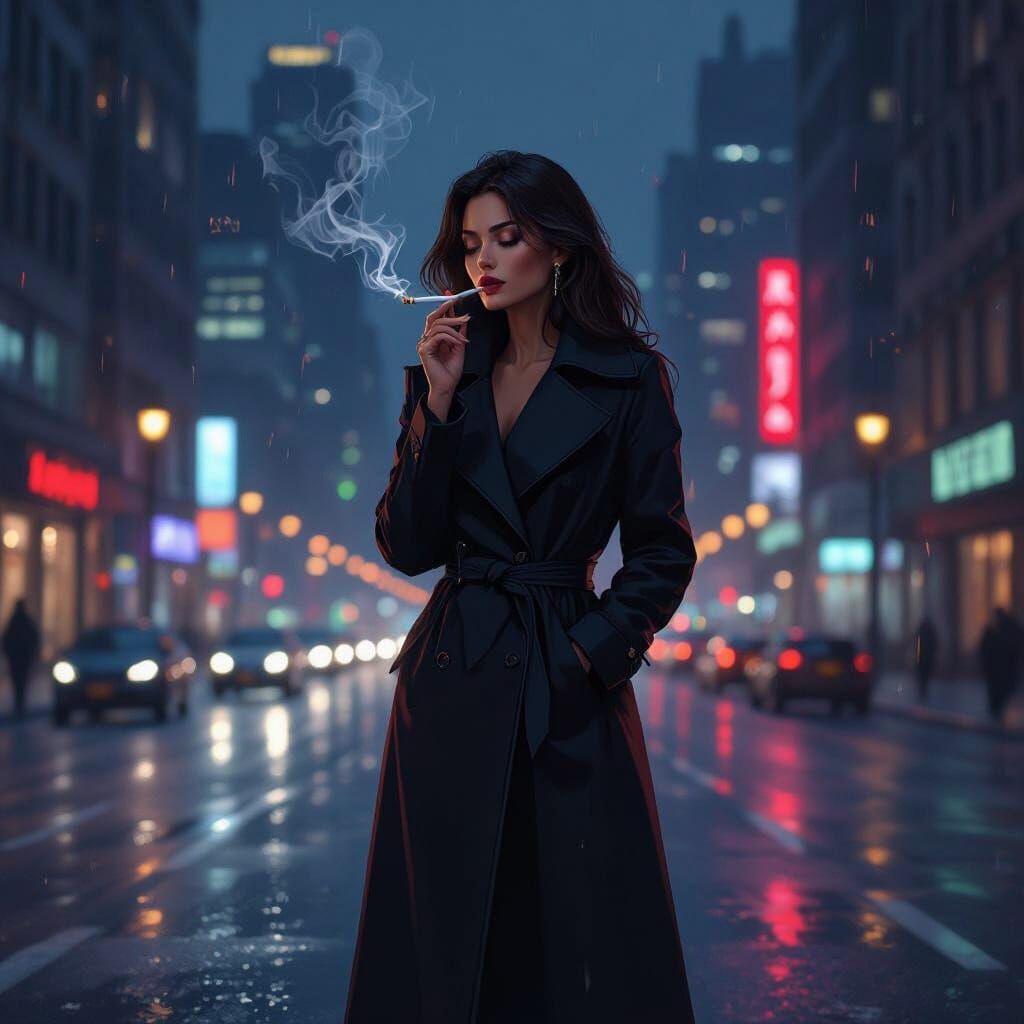 Night Scene: Woman Smoking, Cinematic Digital Art