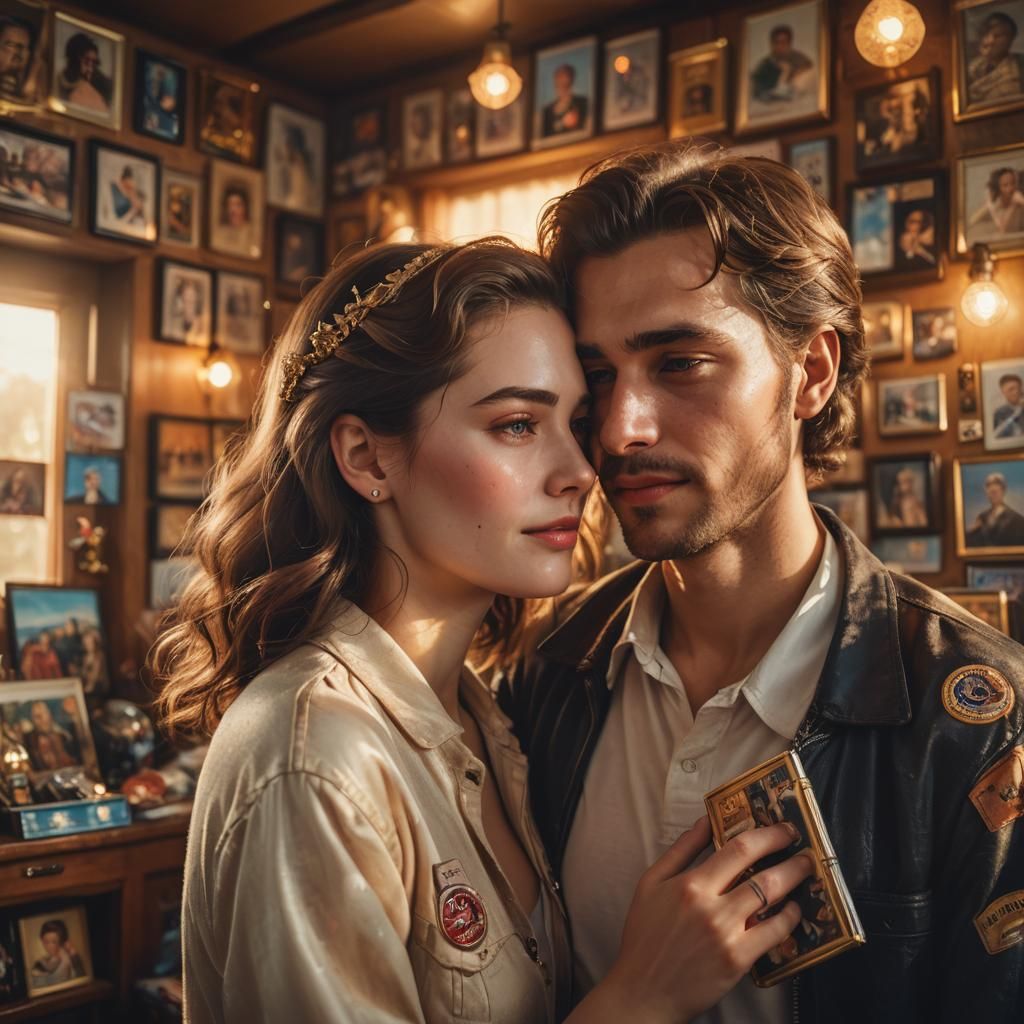 Nostalgic Couple Embracing in Golden Light: Digital Art