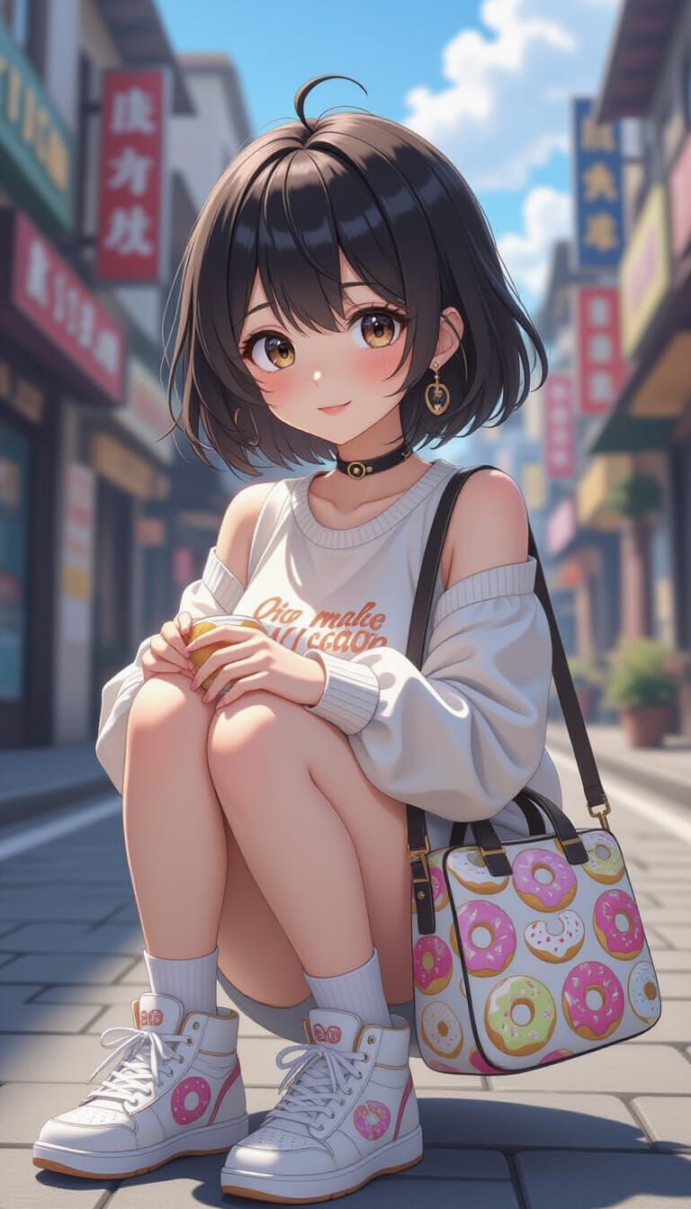 Anime Style Woman with Donut Sneakers and Bag