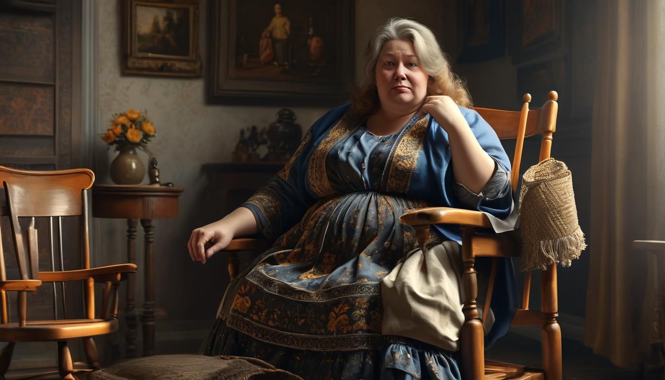BBW Woman in Castle Living Room, Vermeer Style